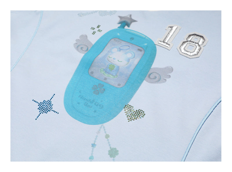 Angel rhinestone Mobile Patchwork Short Sleeve Jersey T-Shirt