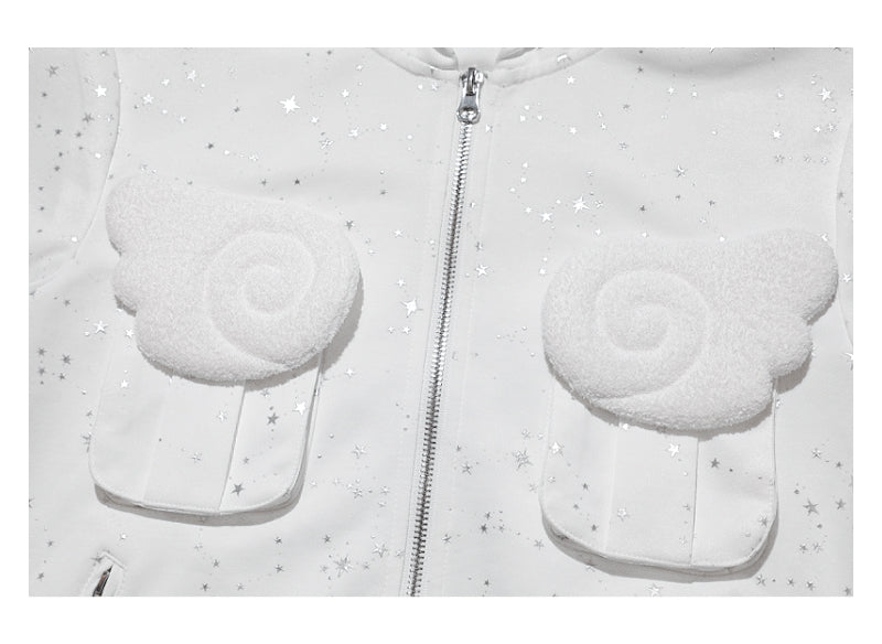Rabbit eared hooded angel wing white vest Rhinestone jacket