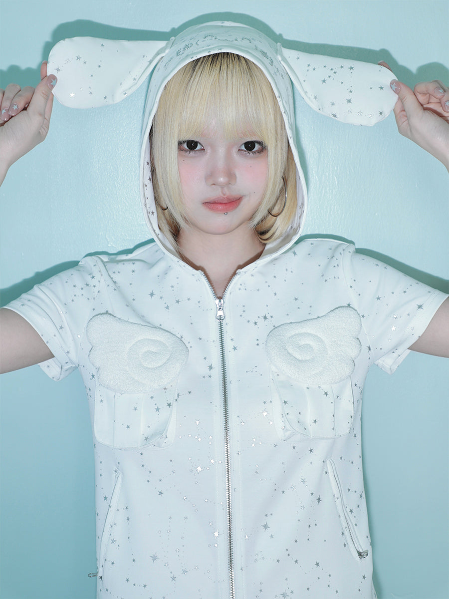 Rabbit eared hooded angel wing white vest Rhinestone jacket