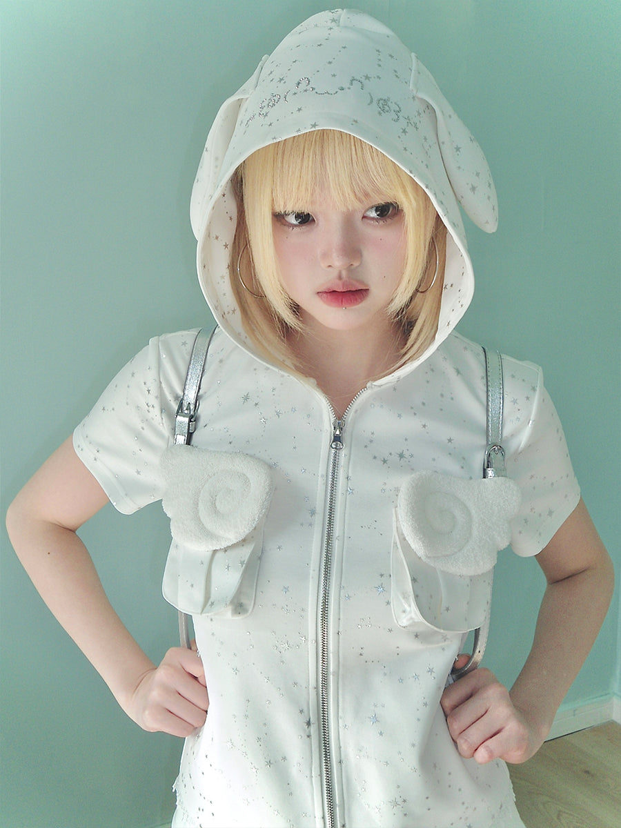 Rabbit eared hooded angel wing white vest Rhinestone jacket