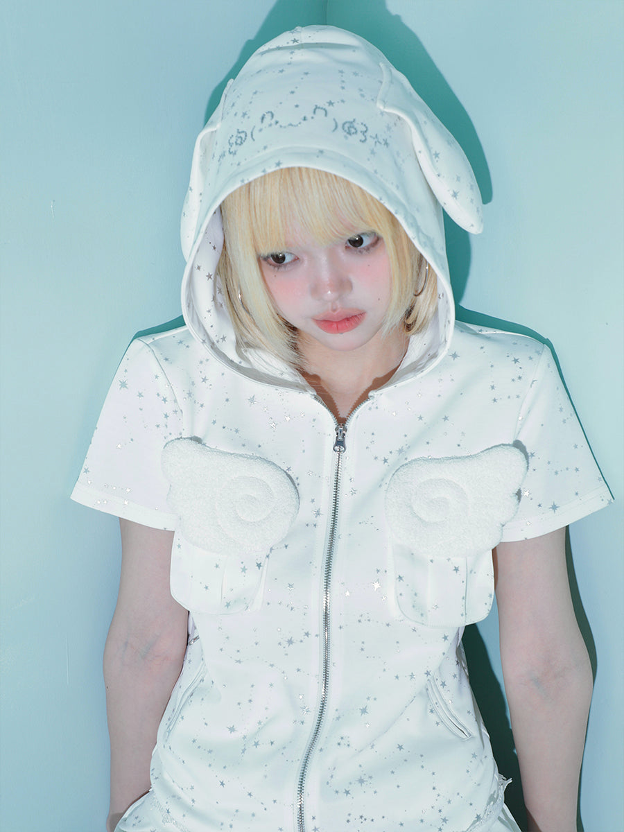 Rabbit eared hooded angel wing white vest Rhinestone jacket