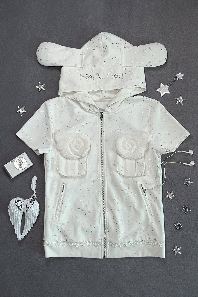 Rabbit eared hooded angel wing white vest Rhinestone jacket
