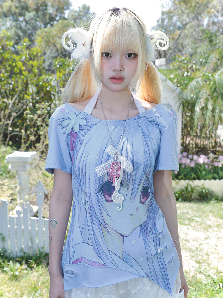 Girl Illustration fake two piece Neck Hanging Strap T-shirt