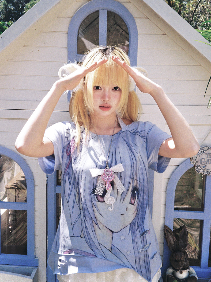 Girl Illustration fake two piece Neck Hanging Strap T-shirt