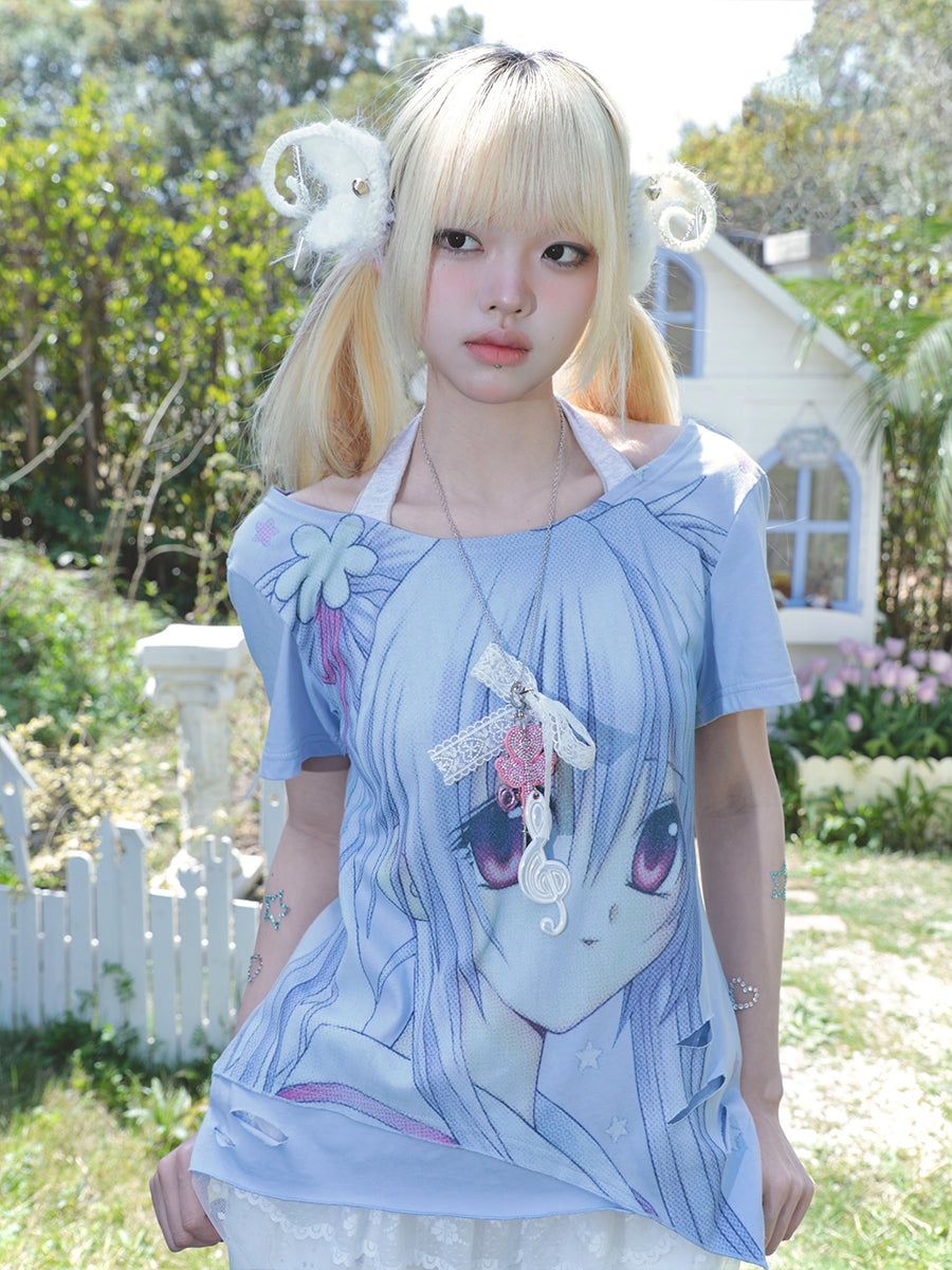 Girl Illustration fake two piece Neck Hanging Strap T-shirt