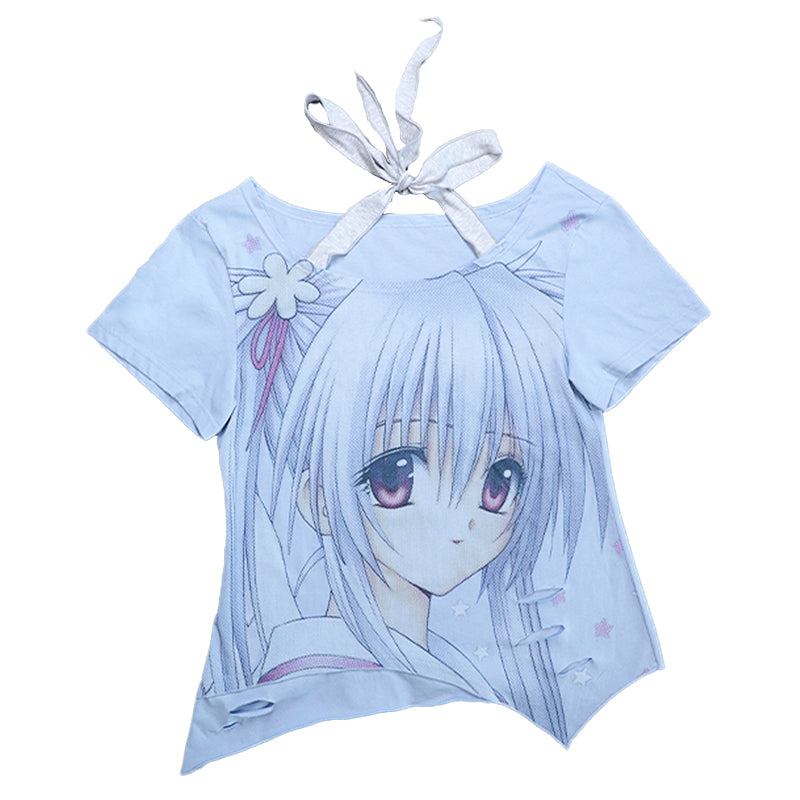 Girl Illustration fake two piece Neck Hanging Strap T-shirt