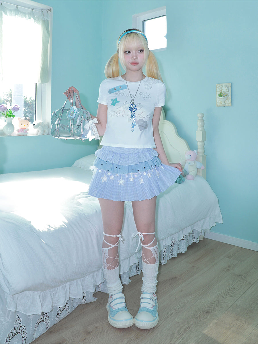 Three layer spliced cake puffy star checkered skirt