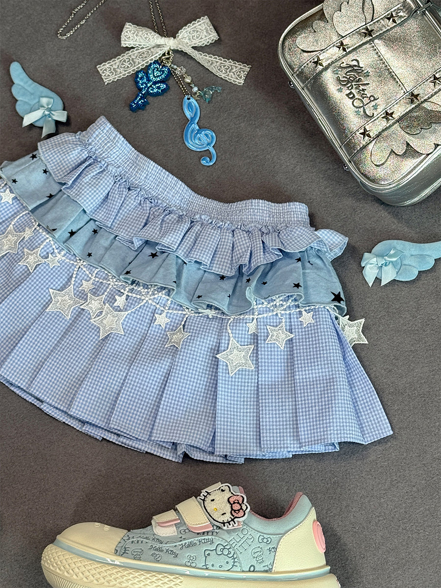 Three layer spliced cake puffy star checkered skirt