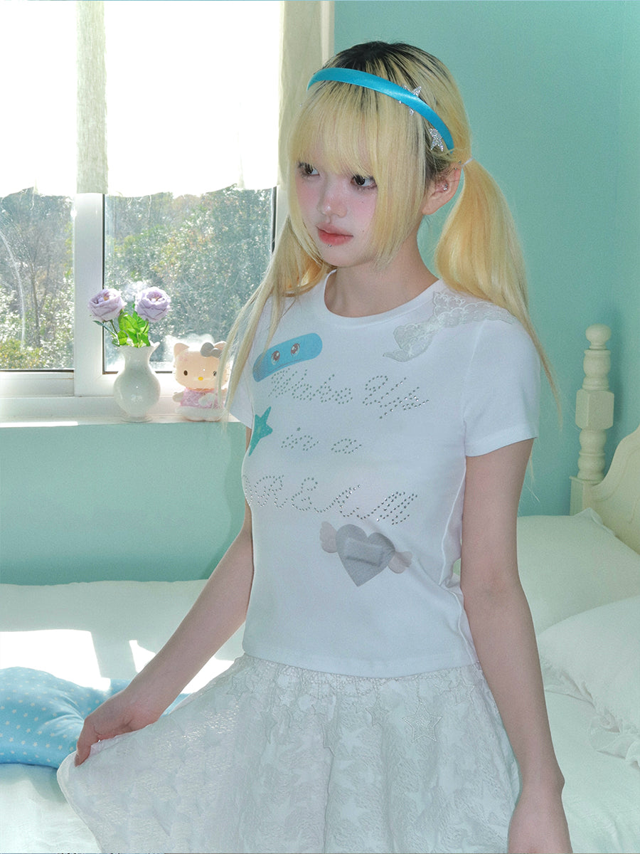 Band-Aid Bow Rhinestone Short Sleeve T-Shirt