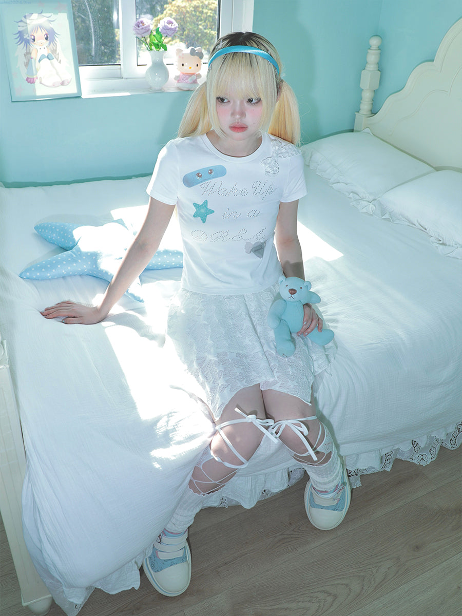 Band-Aid Bow Rhinestone Short Sleeve T-Shirt