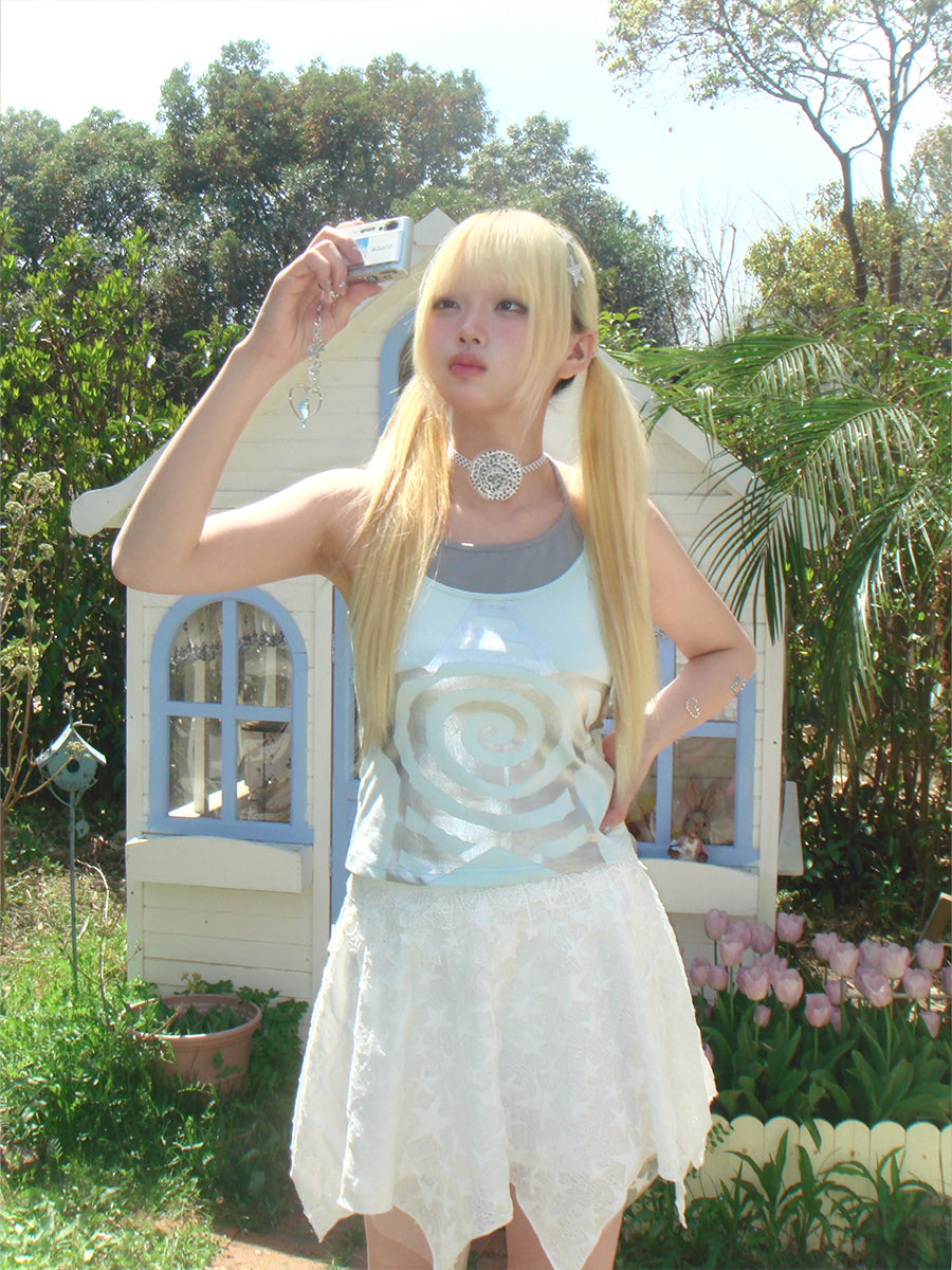 hot silver spiral star fake two piece neck hanging top