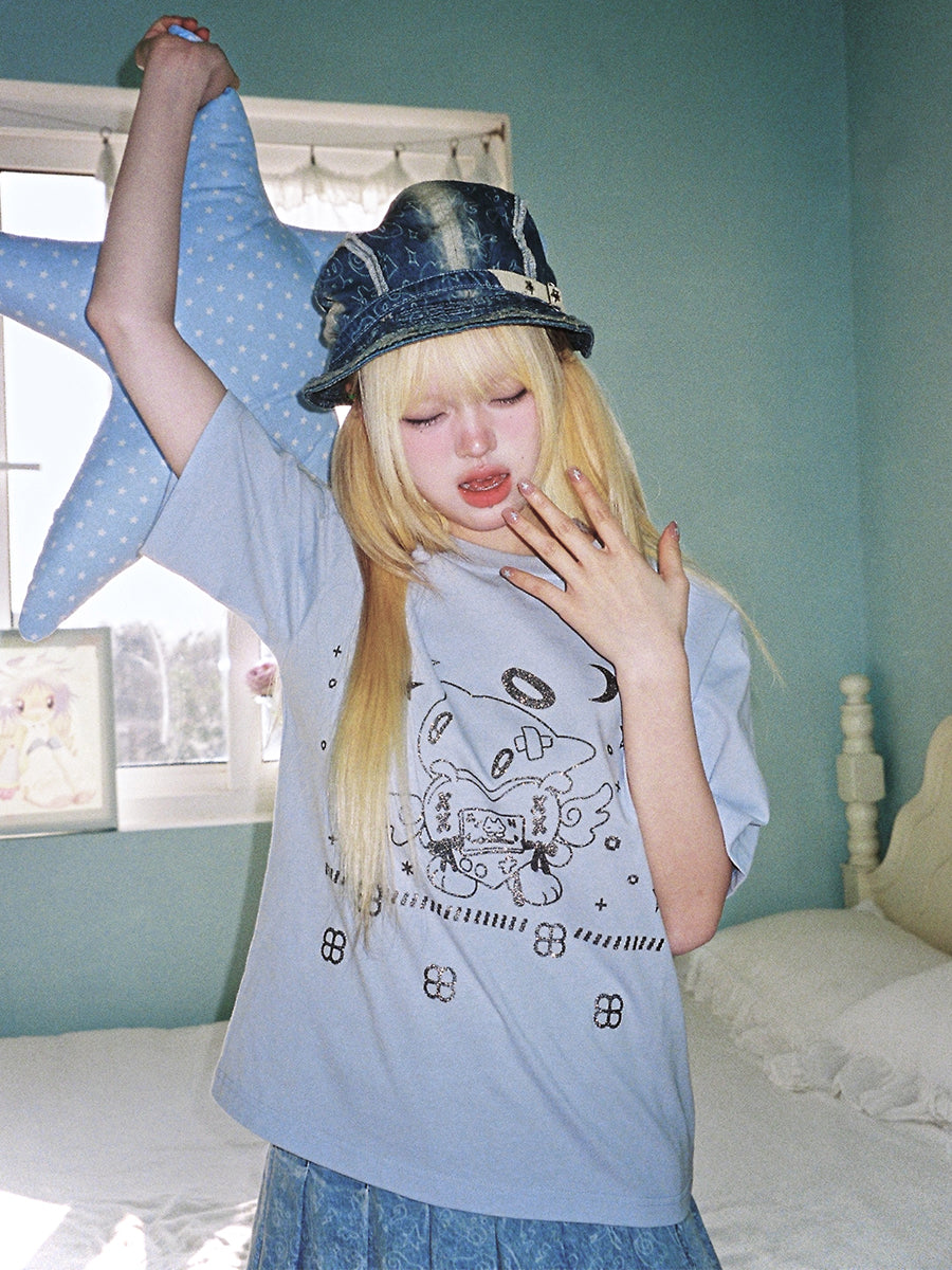 sunonebird co-branded Angel Cat Short Sleeve Glitter T-Shirt