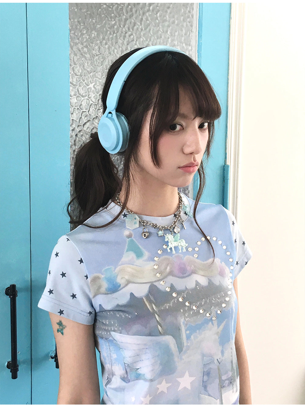 Unicorn Carousel Rhinestone Patchwork Short Sleeve Tee
