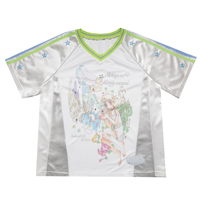 oliwabiu co-branded Patchwork Star Embroidery Short Sleeve