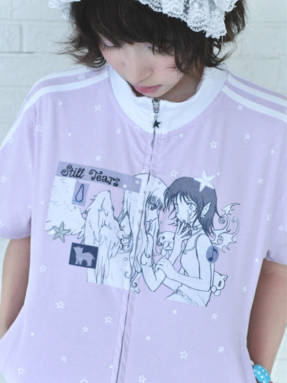 oliwabiu co-branded Star Print Short Sleeve Cardigan