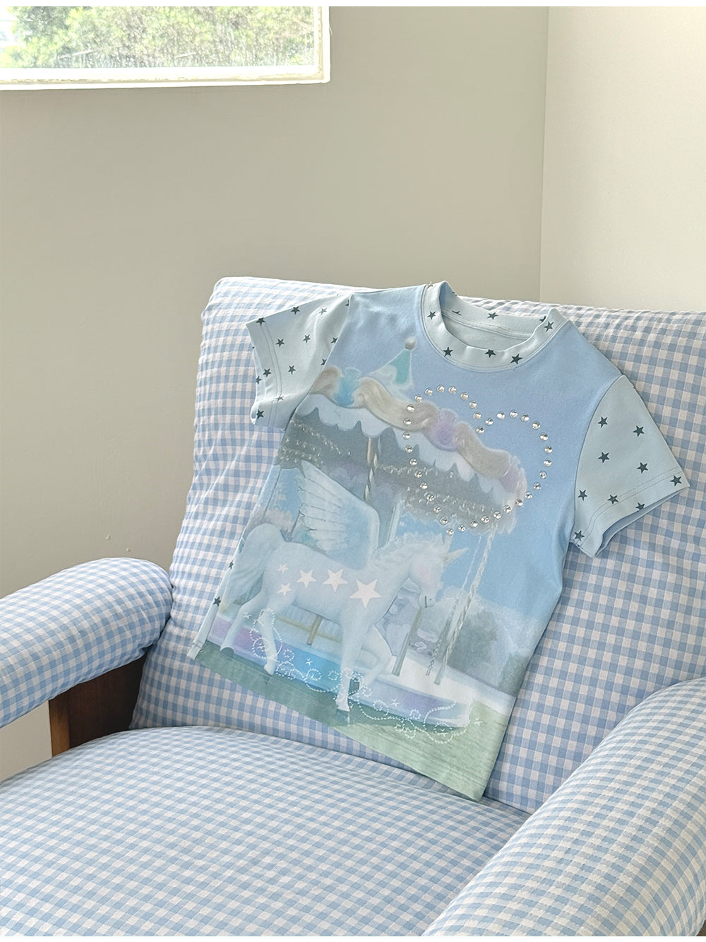 Unicorn Carousel Rhinestone Patchwork Short Sleeve Tee