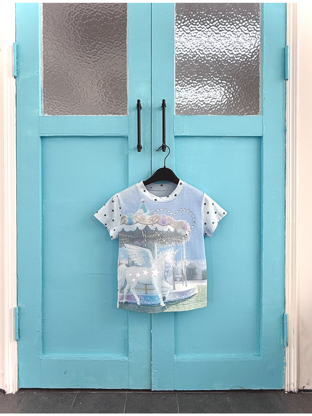 Unicorn Carousel Rhinestone Patchwork Short Sleeve Tee