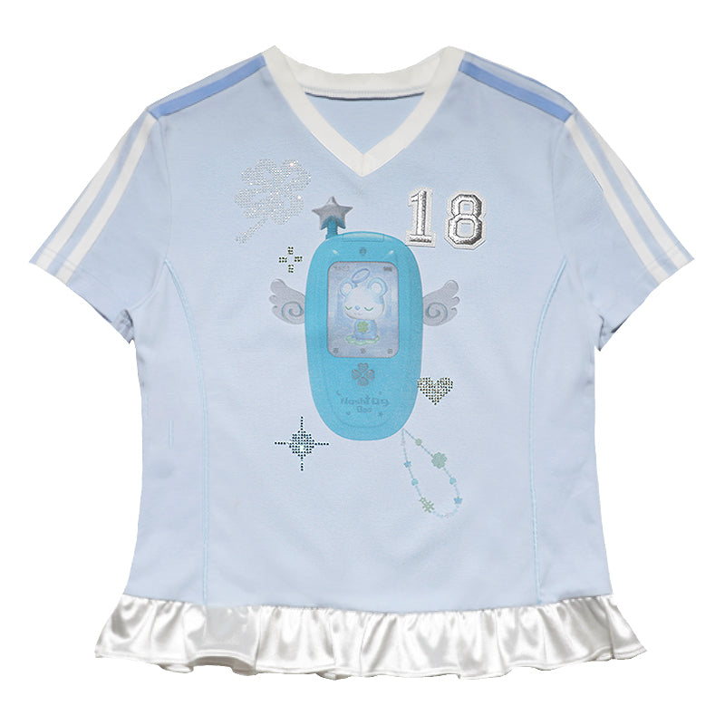Angel rhinestone Mobile Patchwork Short Sleeve Jersey T-Shirt