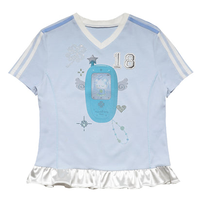 Angel rhinestone Mobile Patchwork Short Sleeve Jersey T-Shirt