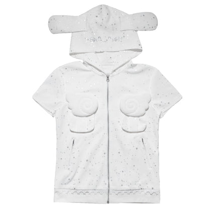 Rabbit eared hooded angel wing white vest Rhinestone jacket