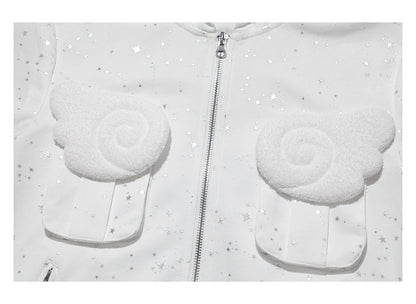 Rabbit eared hooded angel wing white vest Rhinestone jacket