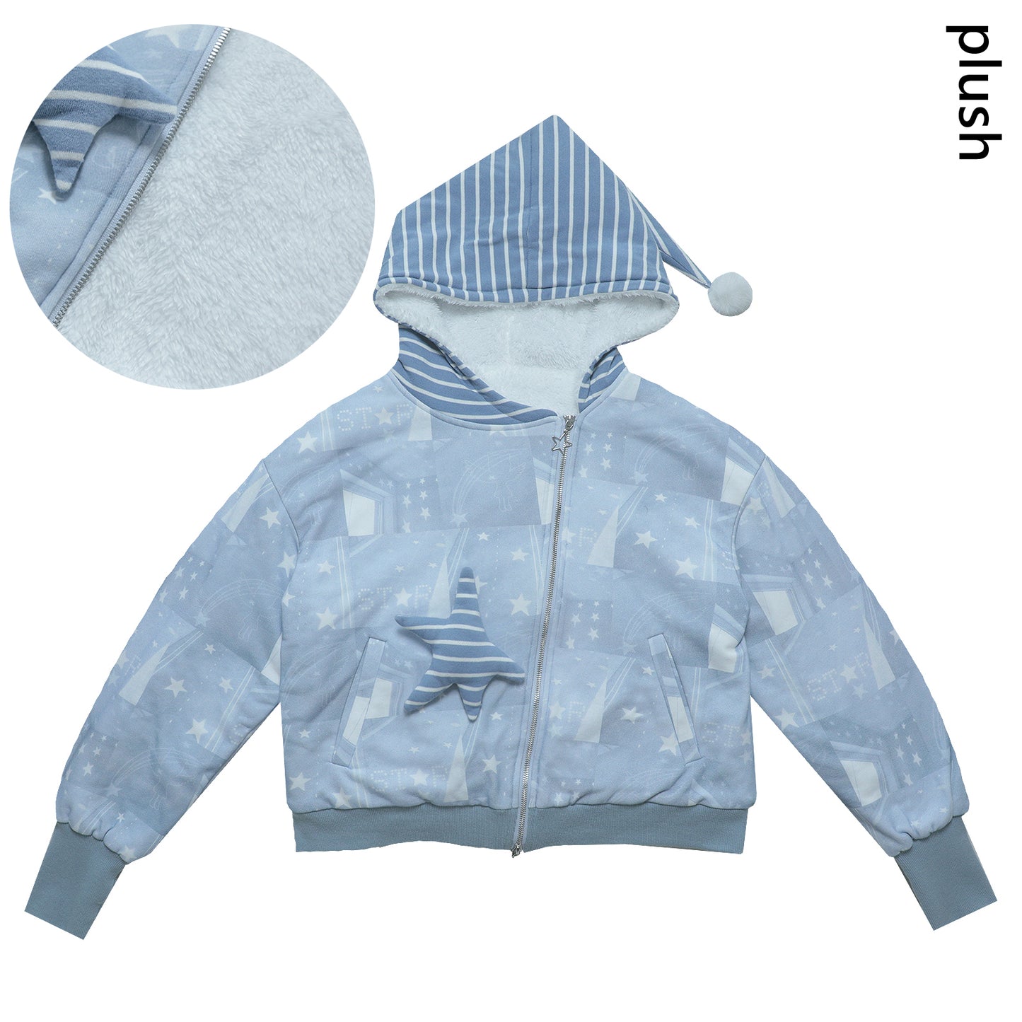 Star-Print Hooded Jacket with Diagonal Zipper