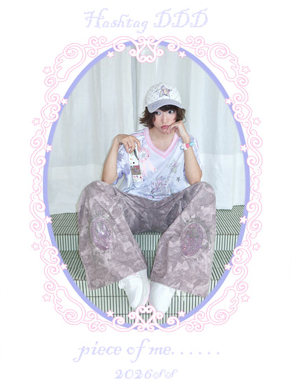 Cartoon Eye Rhinestone Parachute Pink Pants