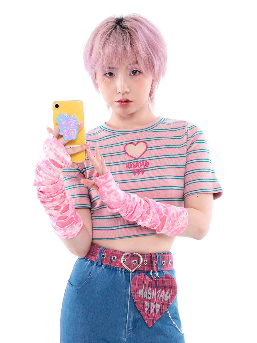 크롭 스트라이프 니트 티셔츠 