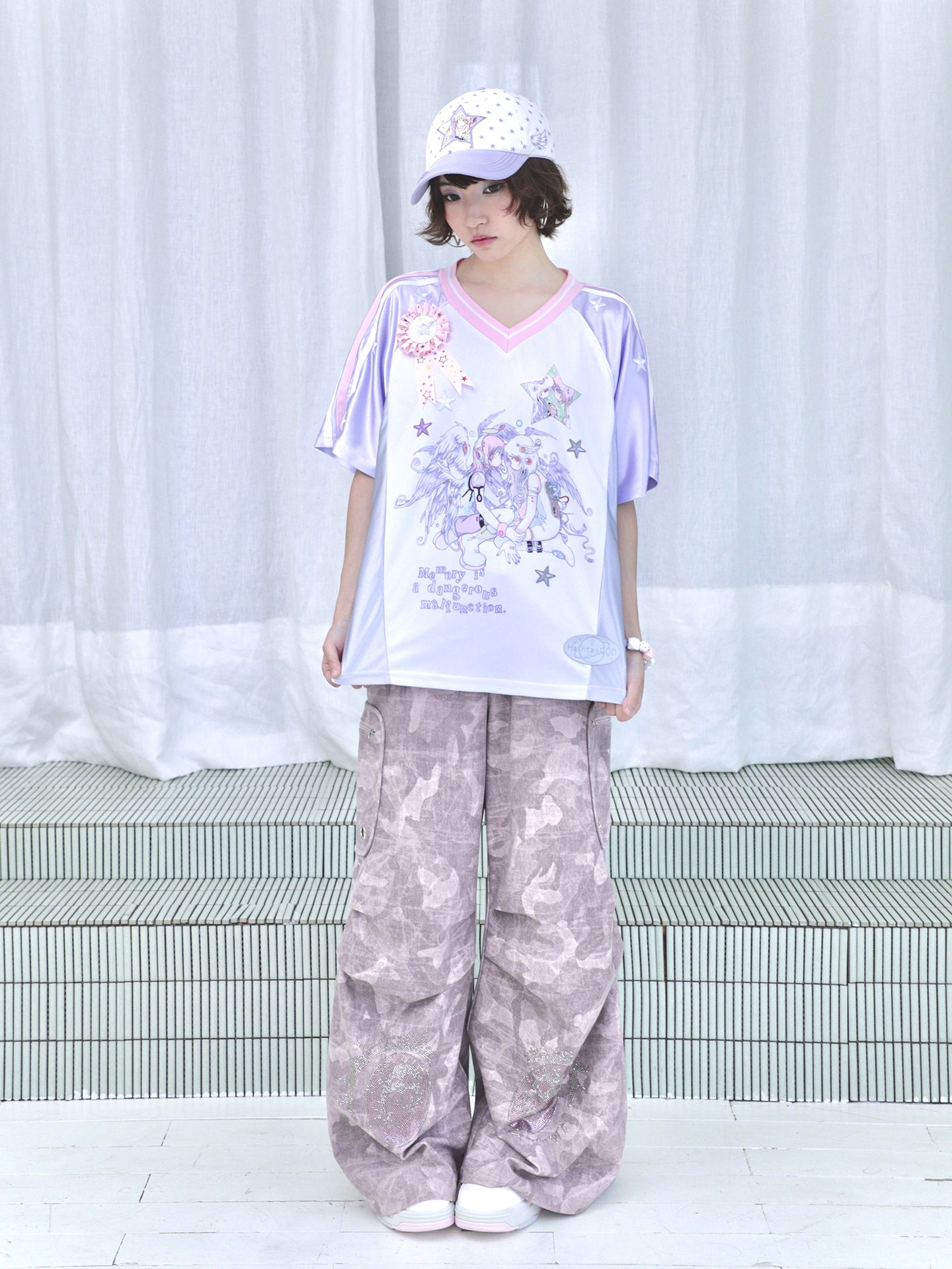 Cartoon Eye Rhinestone Parachute Pink Pants