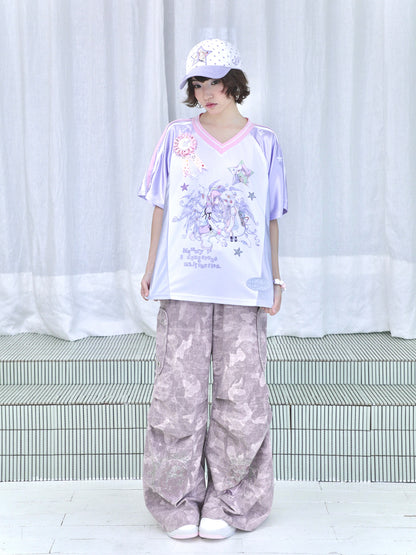 Cartoon Eye Rhinestone Parachute Pink Pants