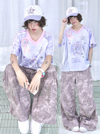 Cartoon Eye Rhinestone Parachute Pink Pants