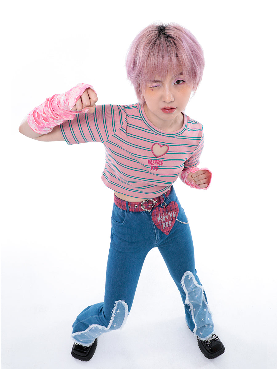 크롭 스트라이프 니트 티셔츠 