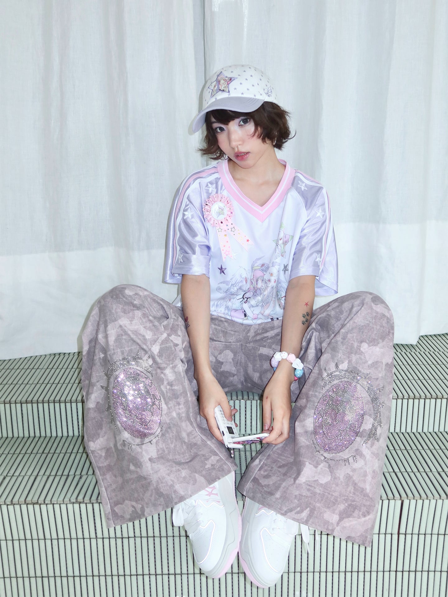 Cartoon Eye Rhinestone Parachute Pink Pants