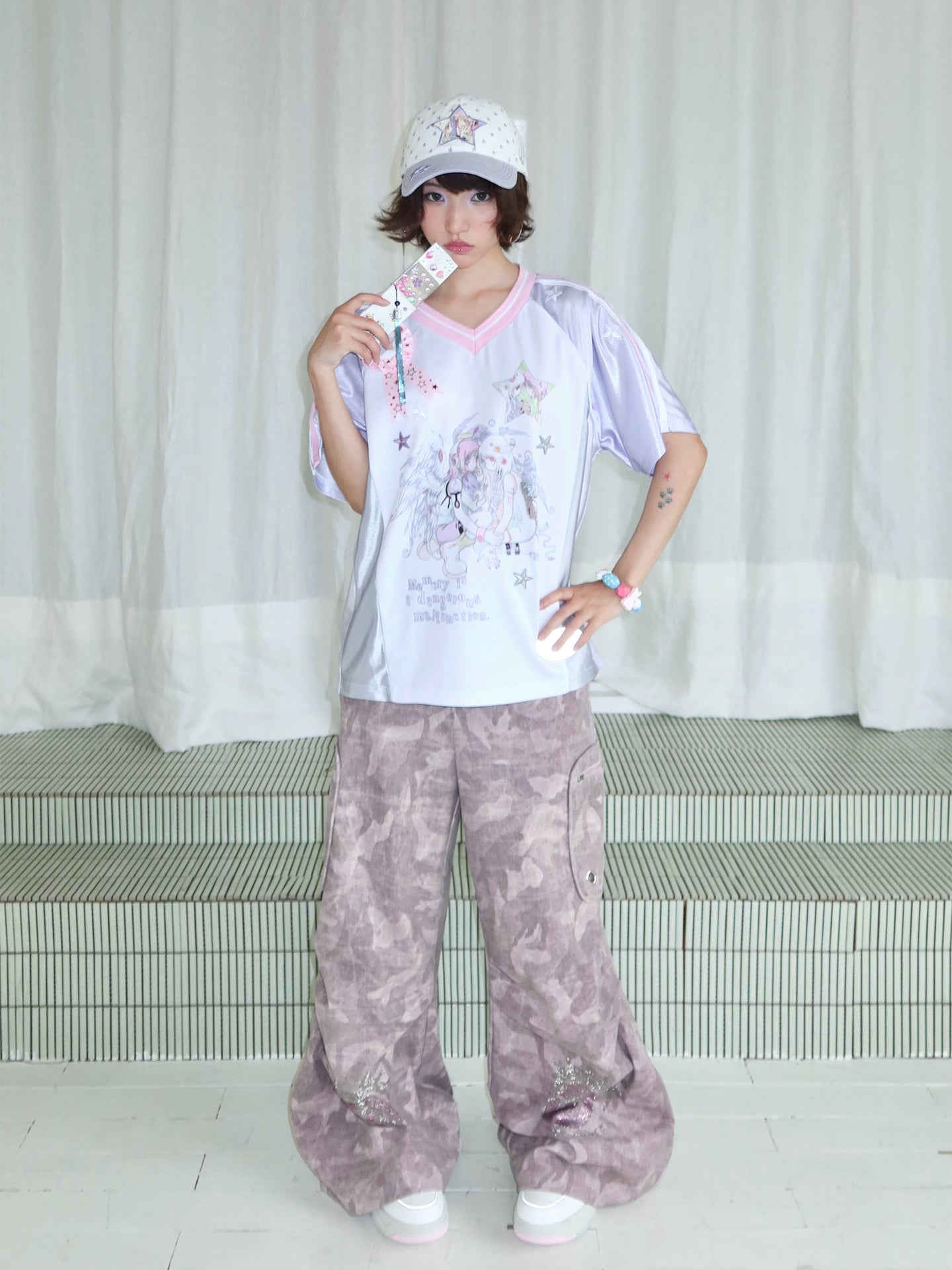 Cartoon Eye Rhinestone Parachute Pink Pants
