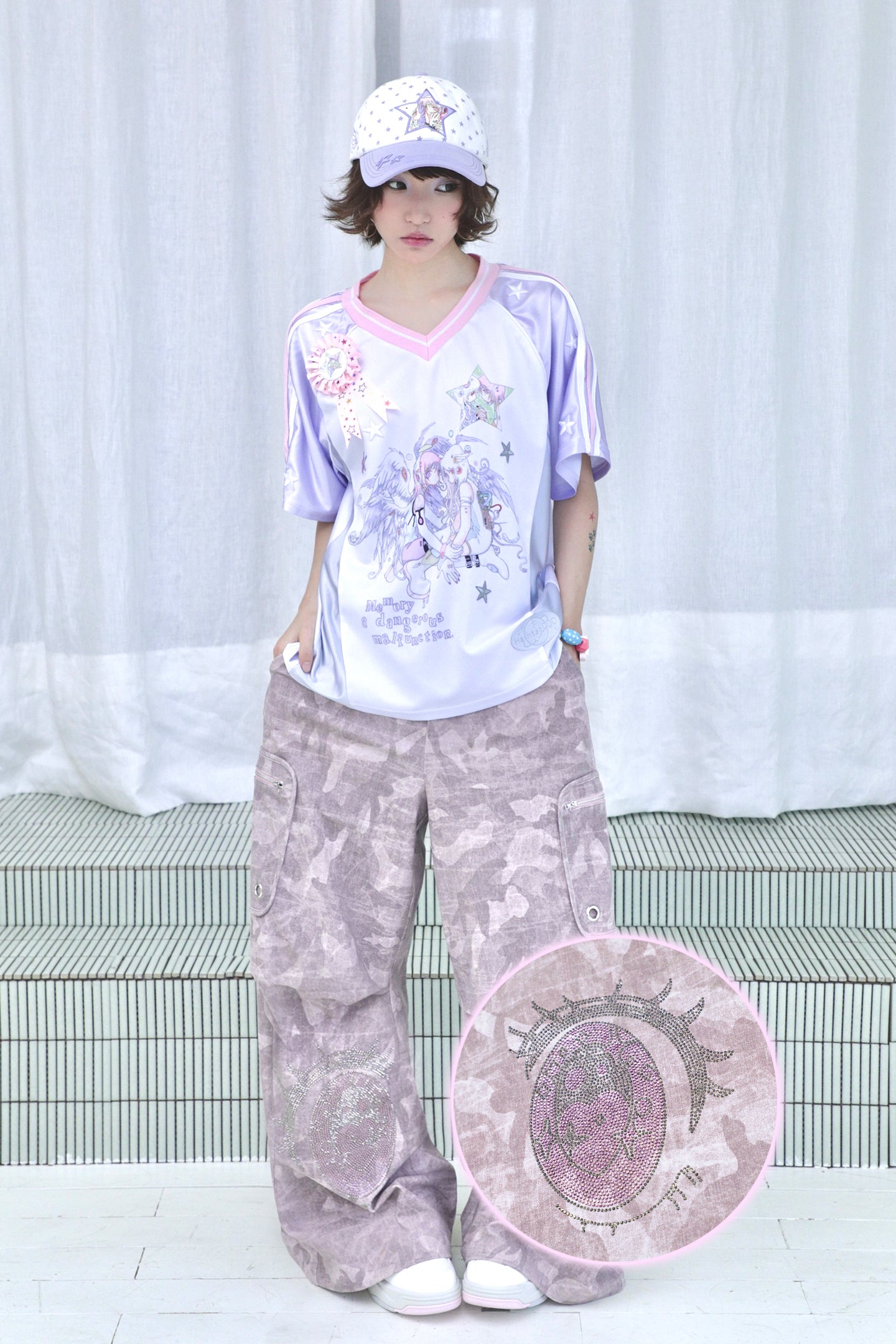 Cartoon Eye Rhinestone Parachute Pink Pants