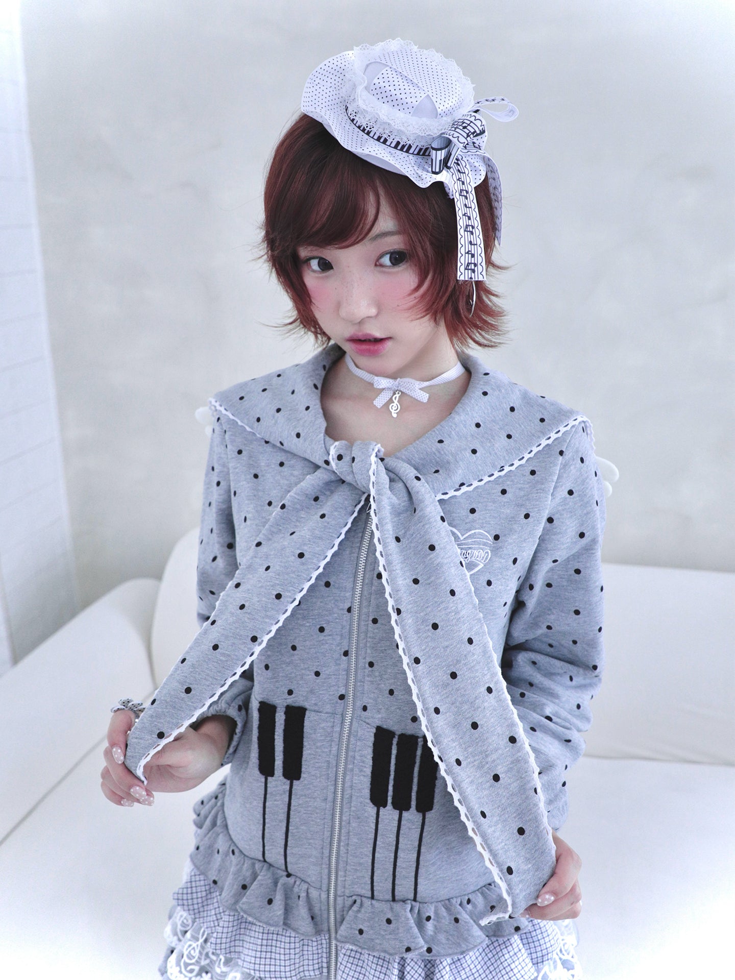 Sailor Collar Sweater Dress with Piano Buttons and Polka Dots