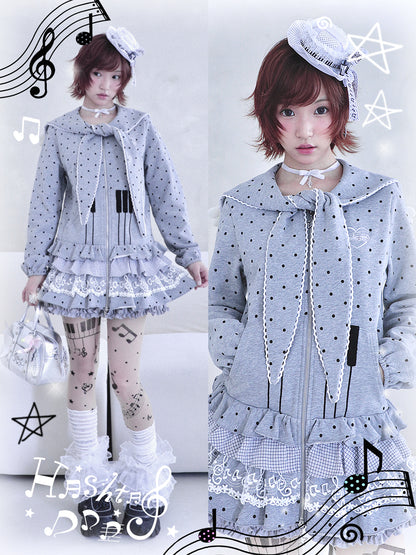 Sailor Collar Sweater Dress with Piano Buttons and Polka Dots