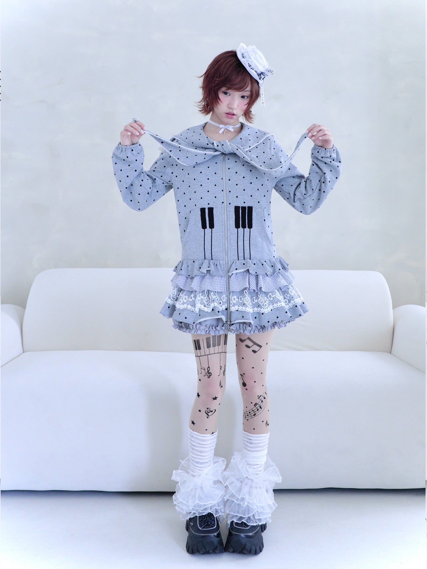 Sailor Collar Sweater Dress with Piano Buttons and Polka Dots