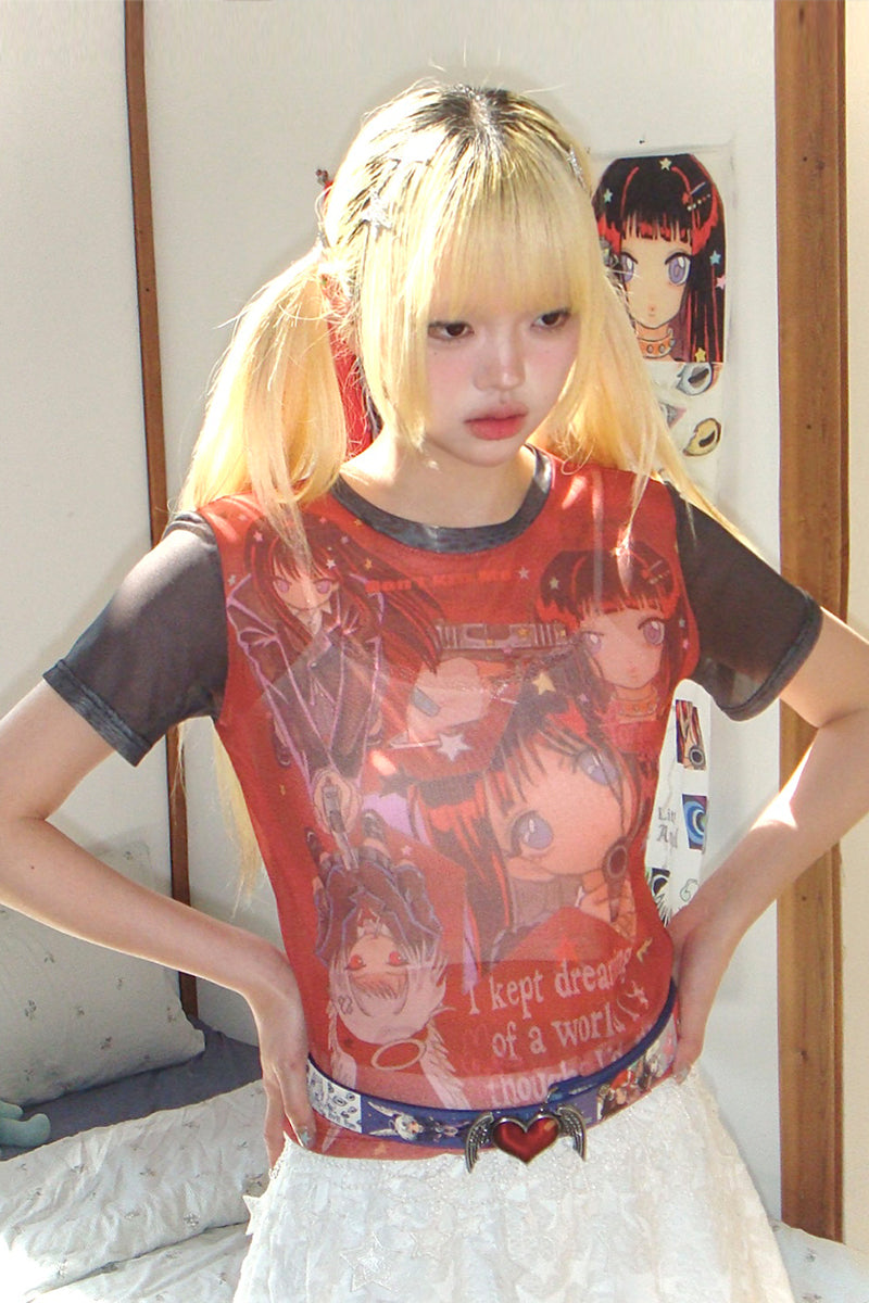 oliwabiu co-branded KillAngel  Short sleeved mesh T-shirt red colour