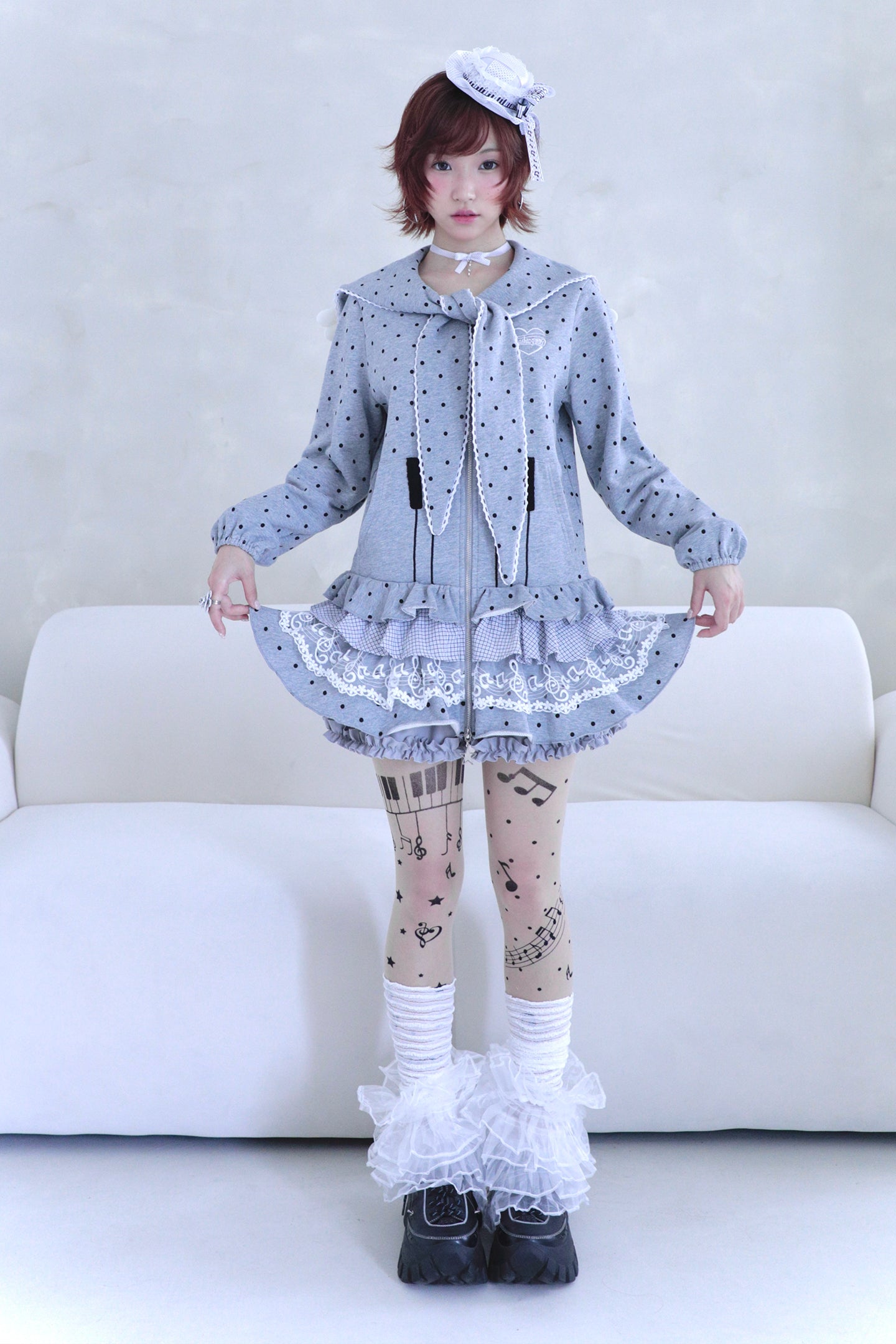 Sailor Collar Sweater Dress with Piano Buttons and Polka Dots