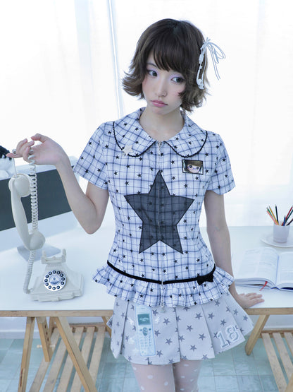 Star Check Peter Pan Collar Short Sleeve Shirt