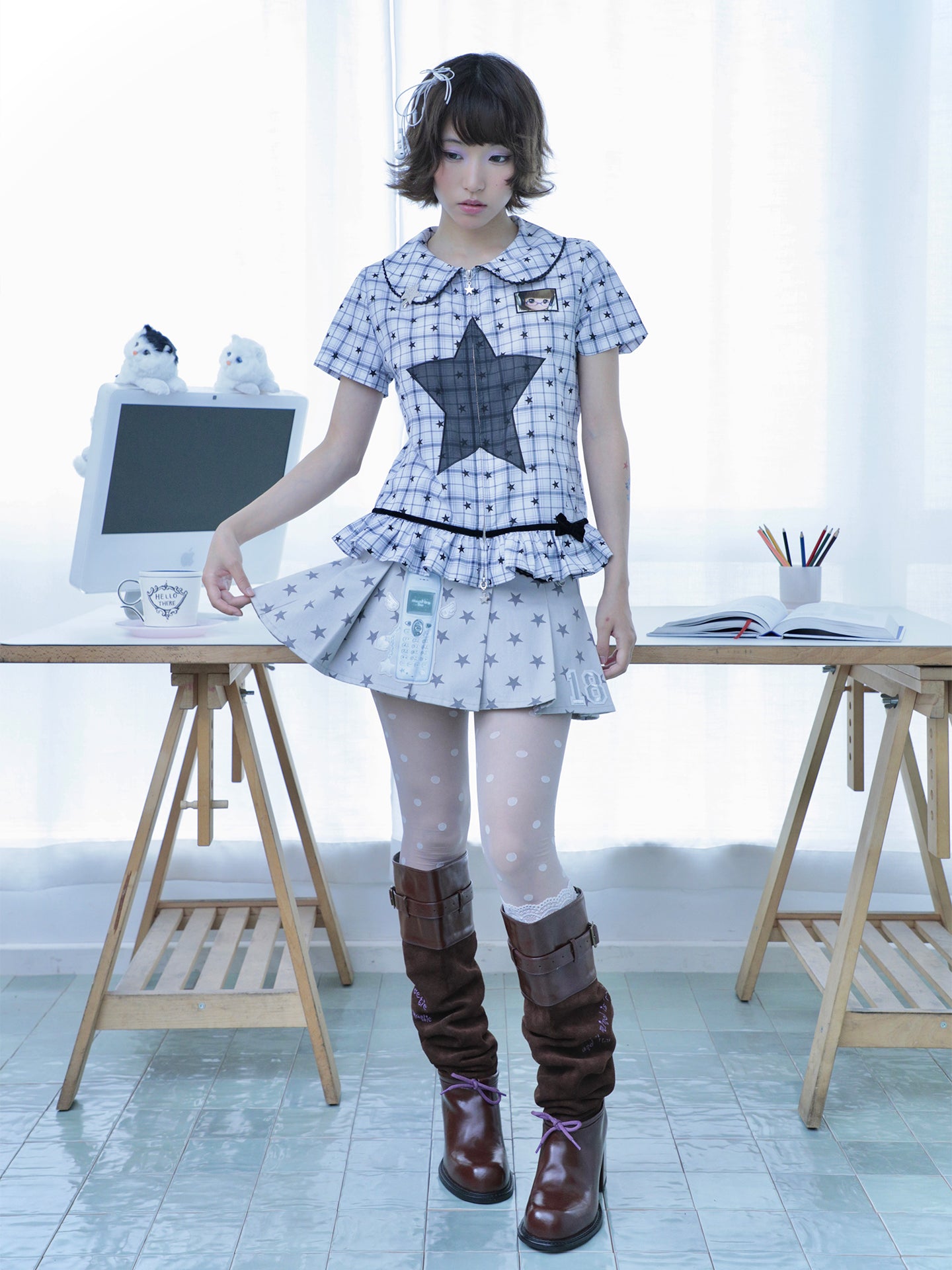 Star Check Peter Pan Collar Short Sleeve Shirt