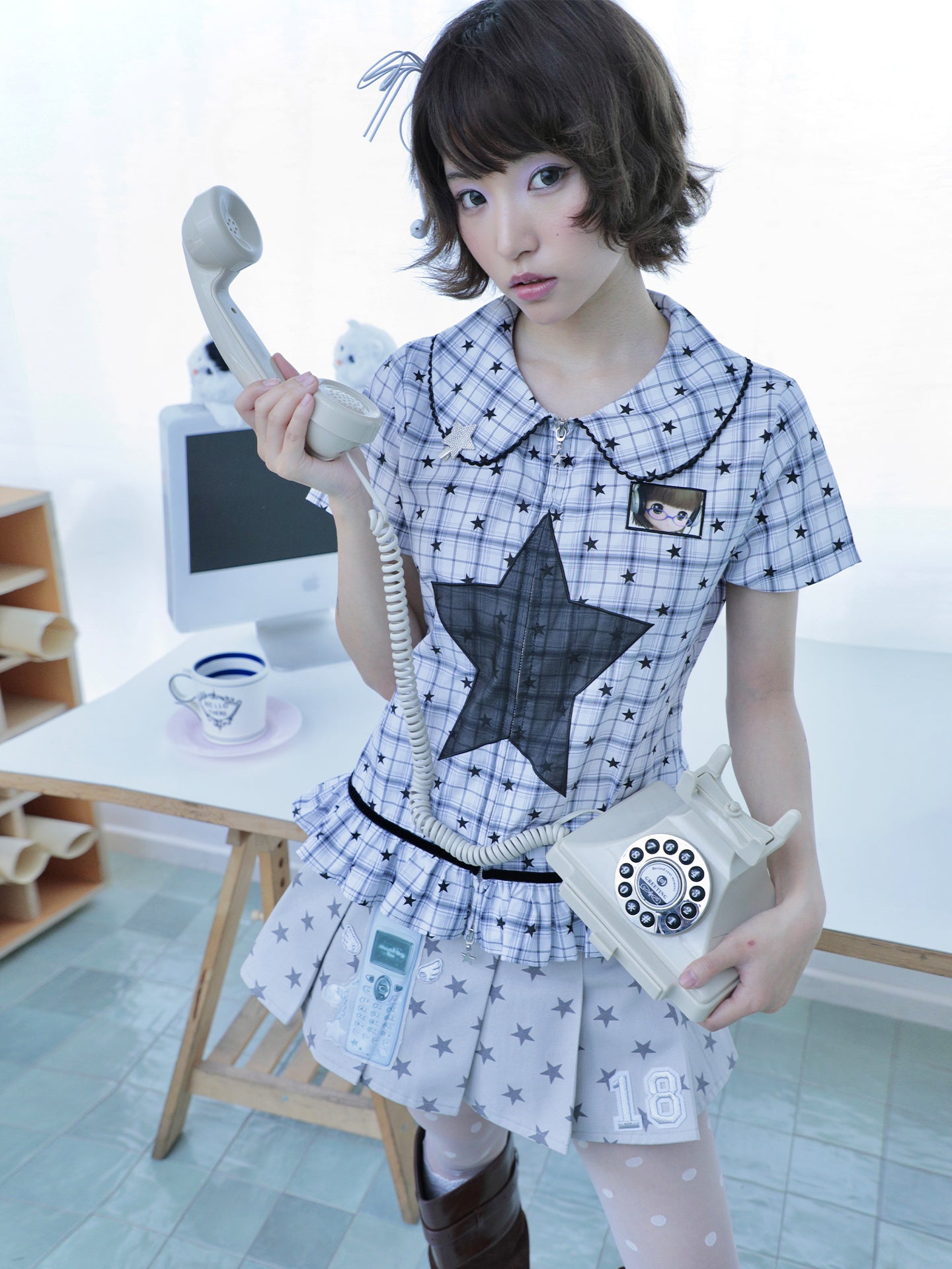 Star Check Peter Pan Collar Short Sleeve Shirt