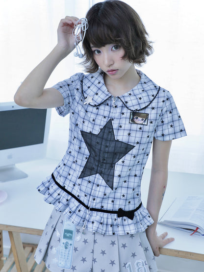 Star Check Peter Pan Collar Short Sleeve Shirt