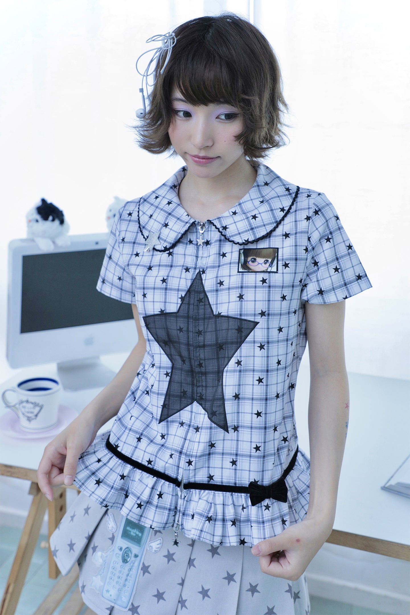 Star Check Peter Pan Collar Short Sleeve Shirt