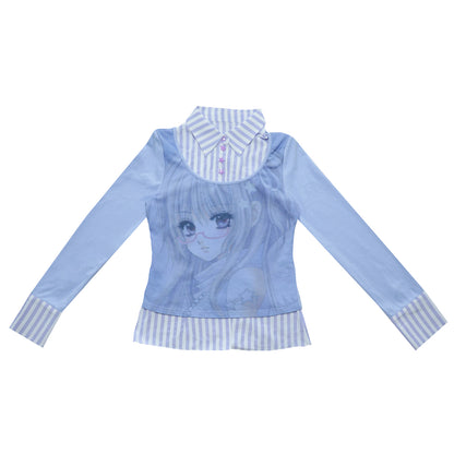 Comic Girl Print Two-Piece Style Blouse