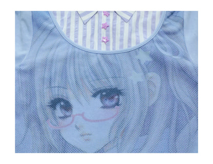 Comic Girl Print Two-Piece Style Blouse