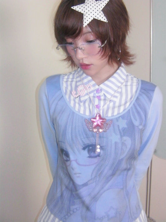 Comic Girl Print Two-Piece Style Blouse