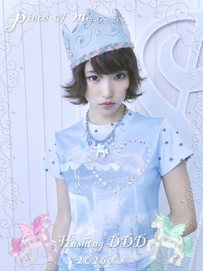 Unicorn Carousel Rhinestone Patchwork Short Sleeve Tee