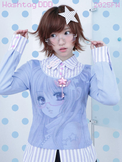 Comic Girl Print Two-Piece Style Blouse